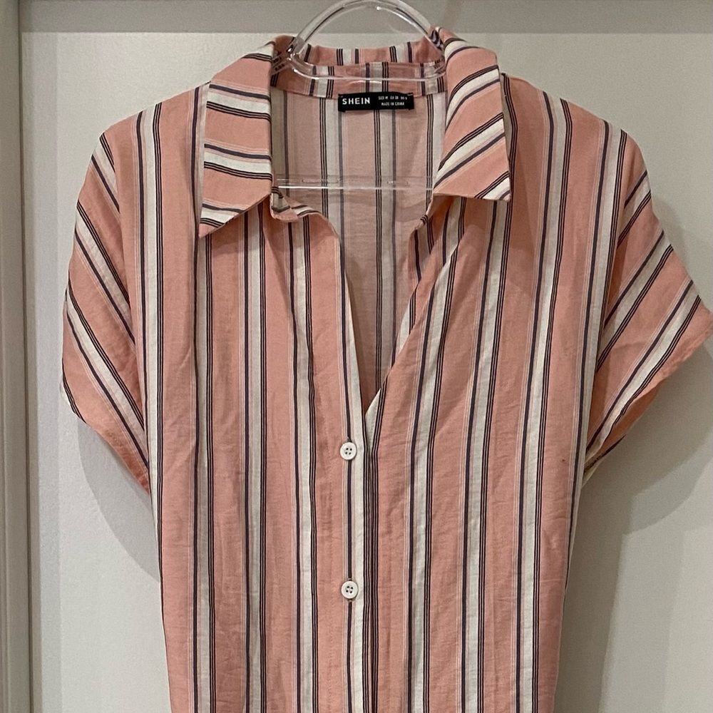 SHEIN Pink White Gray stripe belted Dolman Sleeve Midi shirt Dress medium - Picture 8 of 8